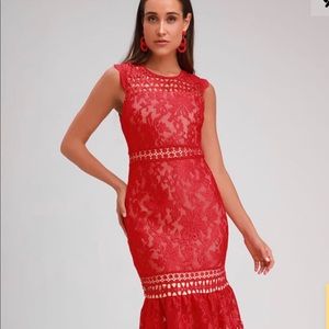 Red lace sleeveless midi dress